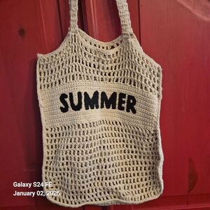 Crocheted Summer Boho Beach Bag Purse Grocery Tote Approx. 14 x 13 Tan Black EUC